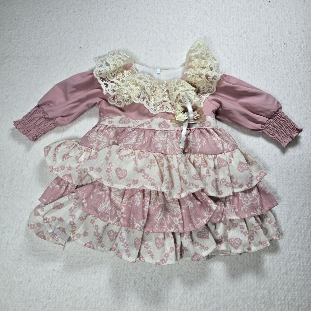 Sweet Pink Floral Lolita Dress Lace Toile Doll Princess Ruffle Tiered No Size